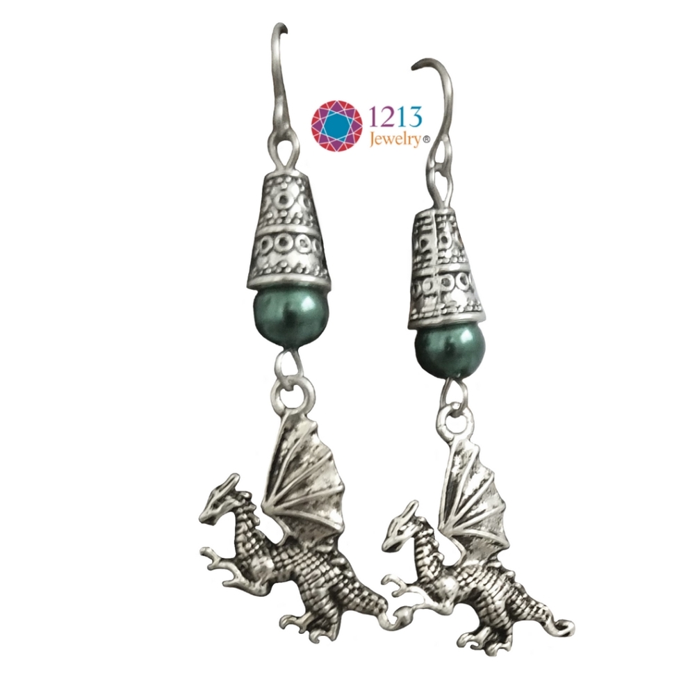 Handcreated Dragon Earrings on Stainless Steel Ear Wires with Green Accents